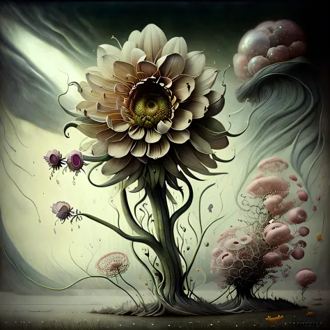 Surreal flower with alien dna dissolving into psychedelic flower petals, foggy atmosphere, sunlight gleaming, extremely cinematic and photorealistic, john bauer style, colorful, vivid colors