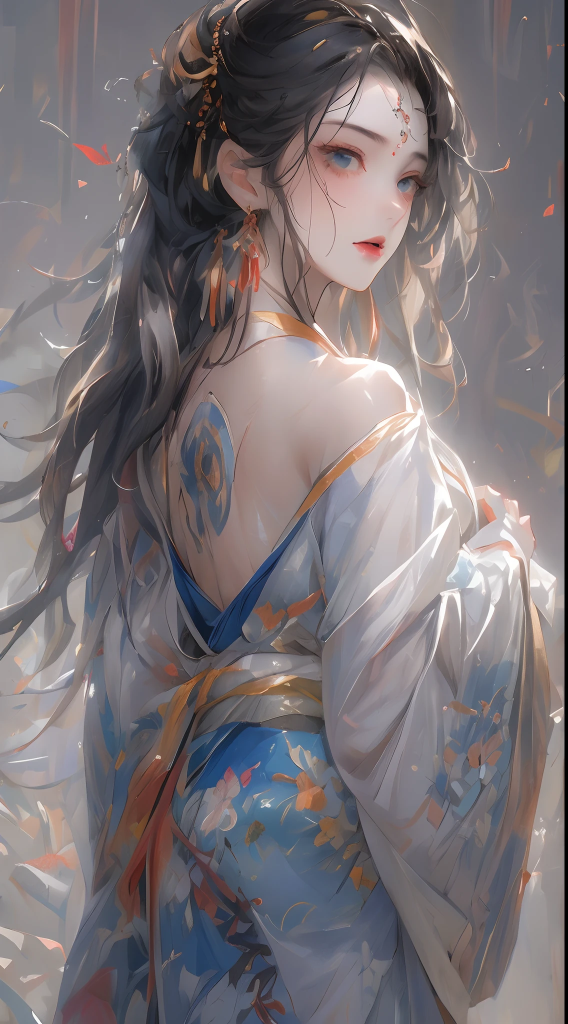 Photorealistic, high resolution, 1 woman, Hips up, Beautiful eyes, Long hair, ringed eyes, jewelry, tattoo, Hanfu, Chinese fairy, Back view