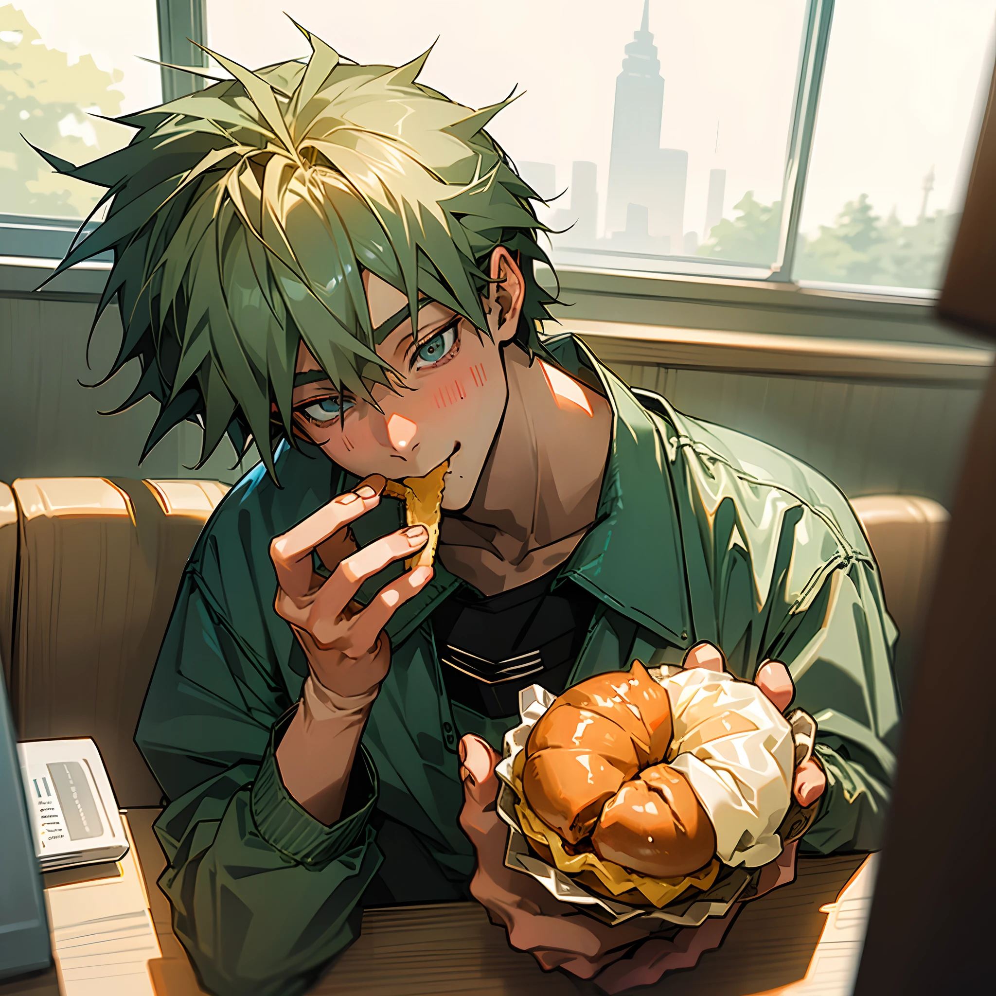 masterpiece, best quality, high quality, perfect anatomy, There was a boy sitting down, Young and handsome face, In the hamburger restaurant，eating hamburger, food is all over his mouth, Big smile, 90s style anime retro, chainsawman, Denji