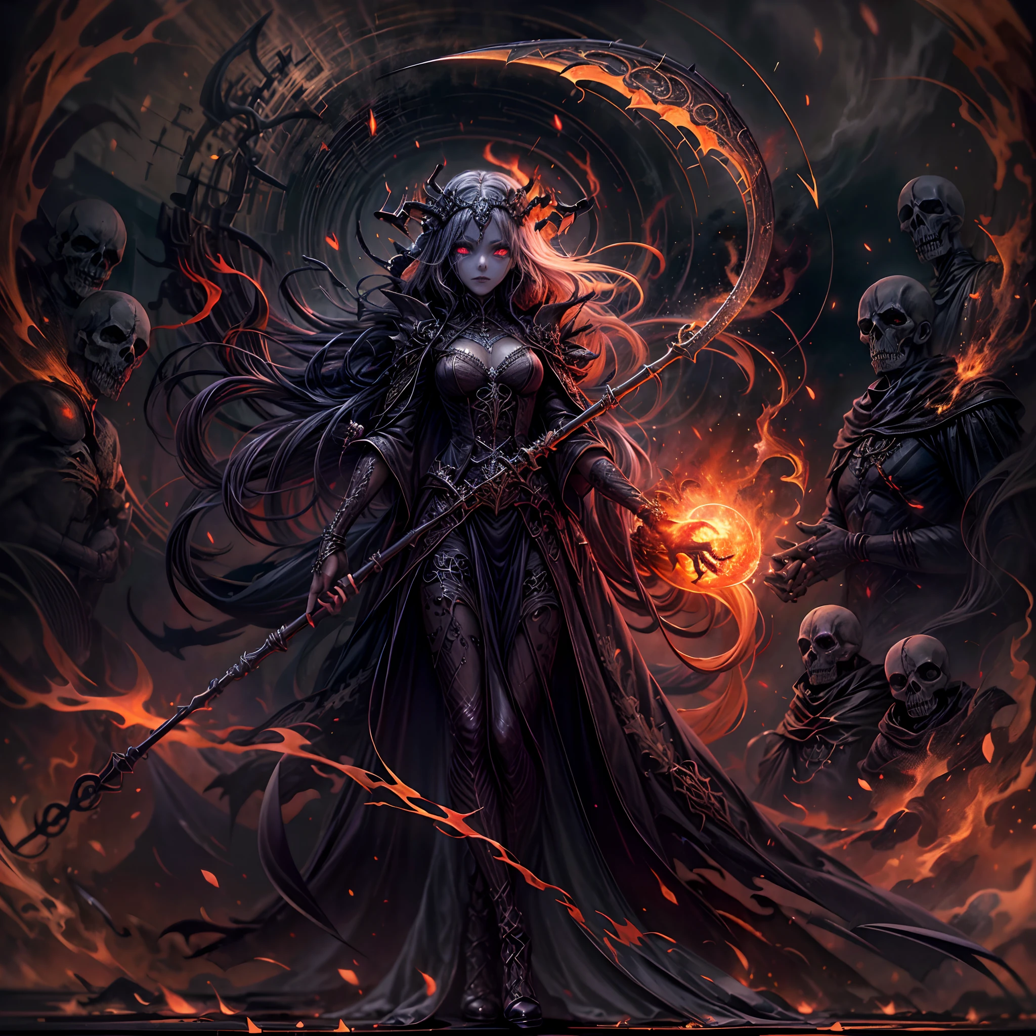 death's scythe with flames, death goddess, dark intricate background, grim reaper, fiery aura, ethereal presence, ominous shadows, haunting atmosphere, macabre beauty, swirling smoke, menacing silhouette, glowing embers, mystical and foreboding, eerie glow of moonlight, foretelling doom, spectral figures, chilling winds, otherworldly realm.