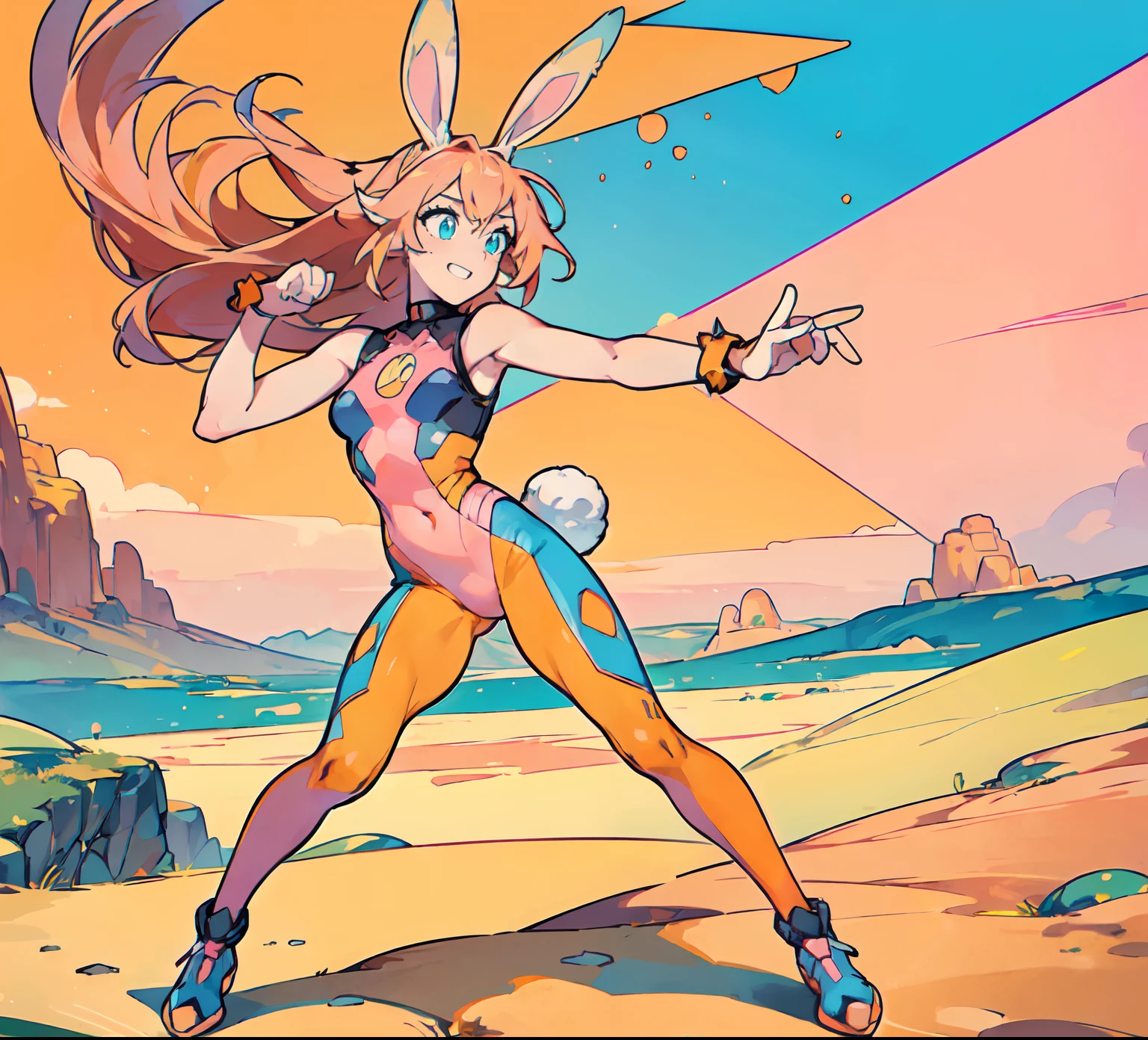 ((Best Quality)), ((Masterpiece)), ((Realistic)) 1woman, cute face, determined look, smile, long legs, full body, adult mature female (spiky orange-pink hair, ((orange-pink mullet 1.1)), (mid length hair), blue eyes, (white/yellow pupil,) hero, sleeveless blue spandex bodysuit, long orange-pink (((rabbit ears,))) desert oasis, tbcc illustration, 8 and a half heads full body, action pose, ((perfect body)) ((cool pose))