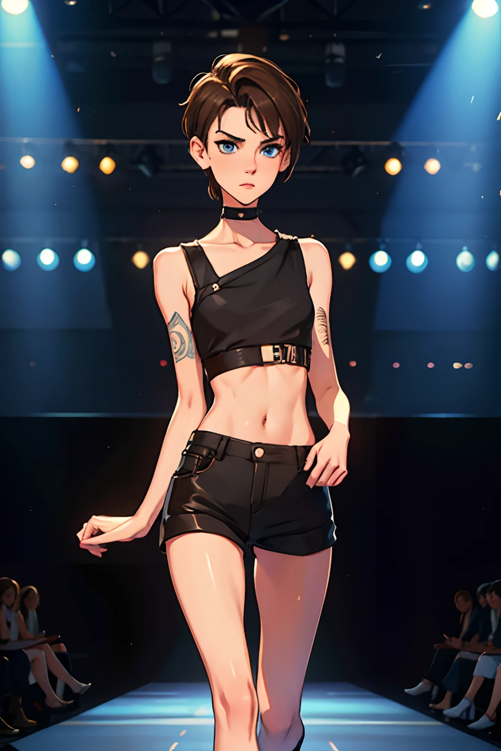 full figure, Jana Novak 16 years old, lanky girl, very thin, blue eyes, short brown punk hair shaved on one side and long on the other, high cheekbones, slightly aquiline pointed nose, pointed chin, cute face, androgynous, walking on the catwalk of a trendy fashion show.