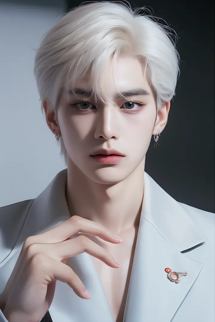 tmasterpiece, topquality, hight resolution, 独奏,open hands,((ulzzang)),((badboy)),sexy expression,the whole body is visible,((the whole body is it in the frame)),((male)),((coat)),(piercing),((sensuality eyes)),((gundam in the background)),((hand poses)),(l...