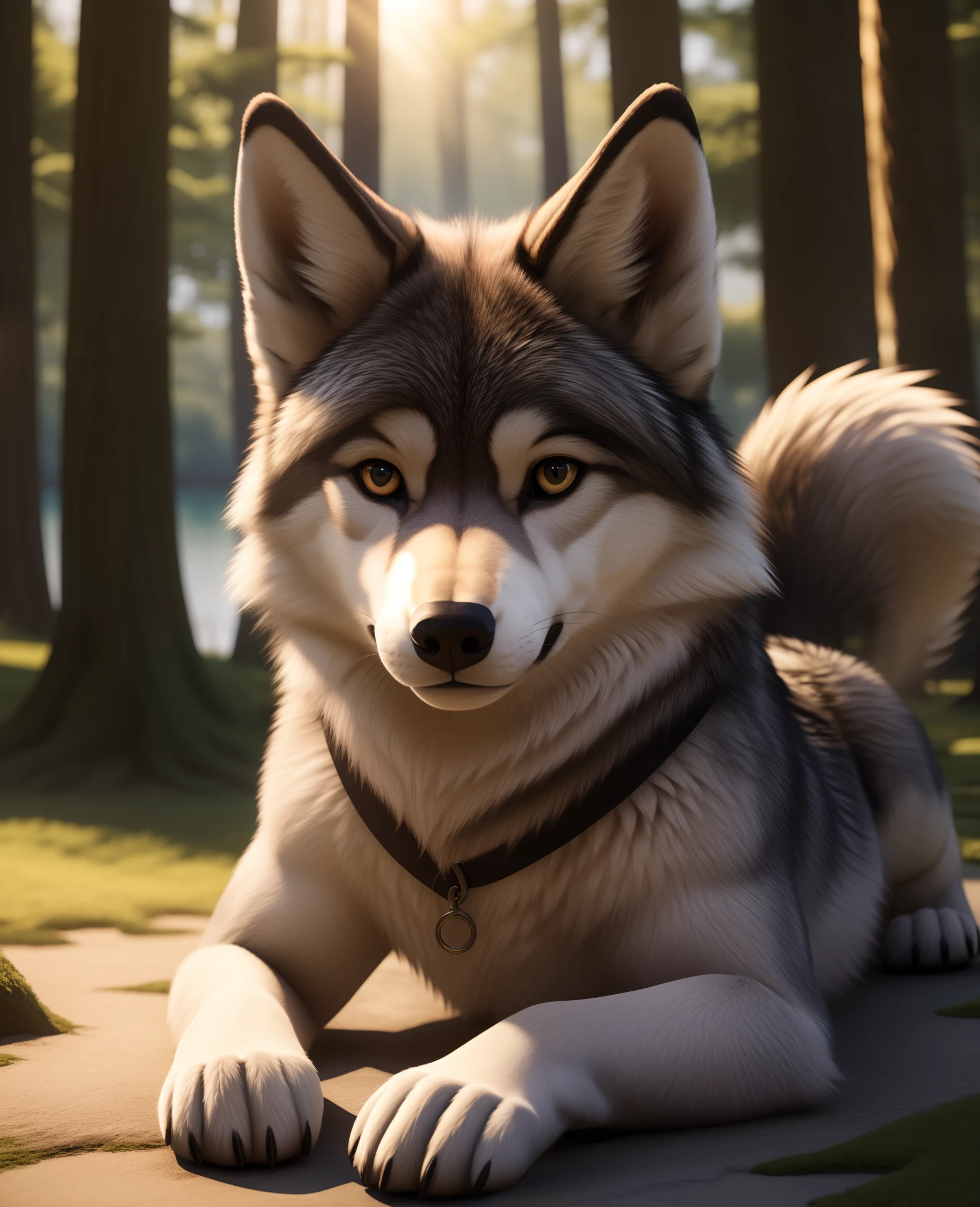 uploaded on e621, full body portrait of a masterpiece, high quality best quality, female, a (anthro:1.0) (loli:0.8) (cub:1.2) (wolf girl:1.2) with a big head and small body, fur markings, paws, grey fur, fluffy, wolf tail and ears, small chest, looking at viewer, tufts of fur, BREAK ((lying on ground, forest, lake)), BREAK (detailed background, depth of field, half body shadow, sunlight, ambient light on the body), (intricate PS no:0.7), (high detail:1.2), (unreal engine:1.3), (sharp focus:1.15), (masterpiece, best quality, 4k, 2k, shaded, absurd res),