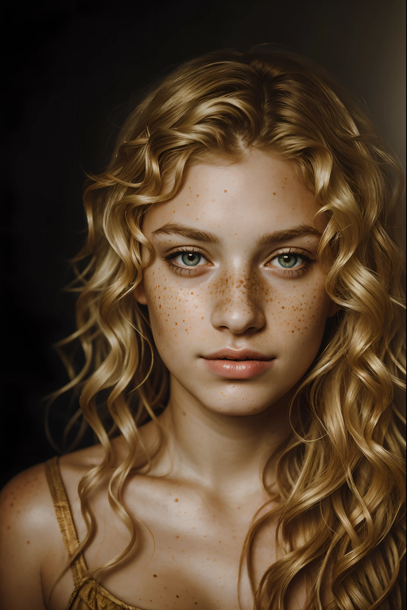 a photo portrait of a beautiful girl with curls and lots of freckles, (dirty blonde hair:1.10), (face portrait:1.5), dramatic light, Rembrandt lighting scheme