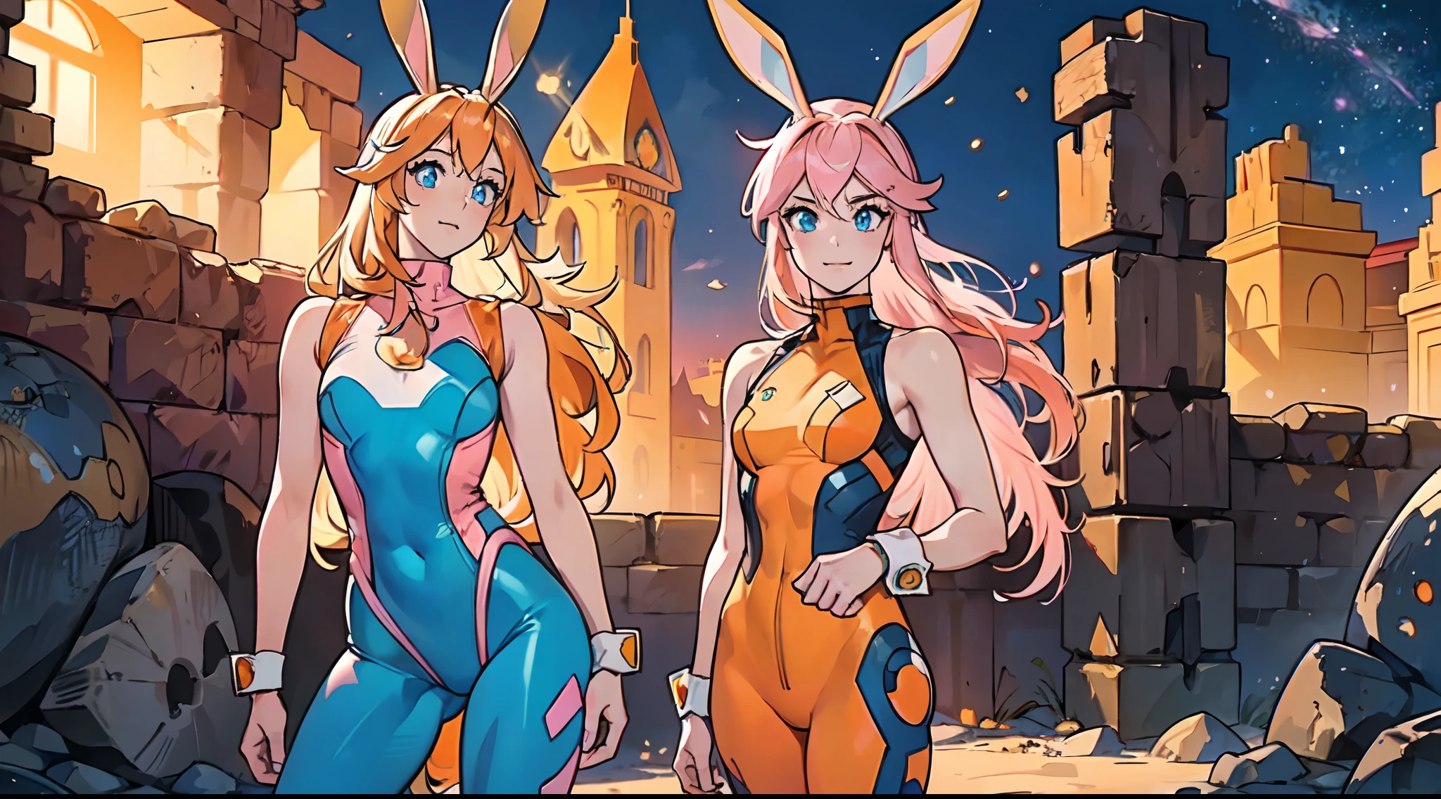 ((Best Quality)), ((Masterpiece)), ((Realistic)) 1woman, cute face, determined look, smile, adult mature female (spiky orange-pink hair, ((orange-pink mullet 1.1)), (mid length hair), blue eyes, (white/yellow pupil,) hero, sleeveless blue spandex bodysuit, long orange-pink (((rabbit ears,))) desert village, tbcc illustration, standing in a villa doorway, night, middle eastern,