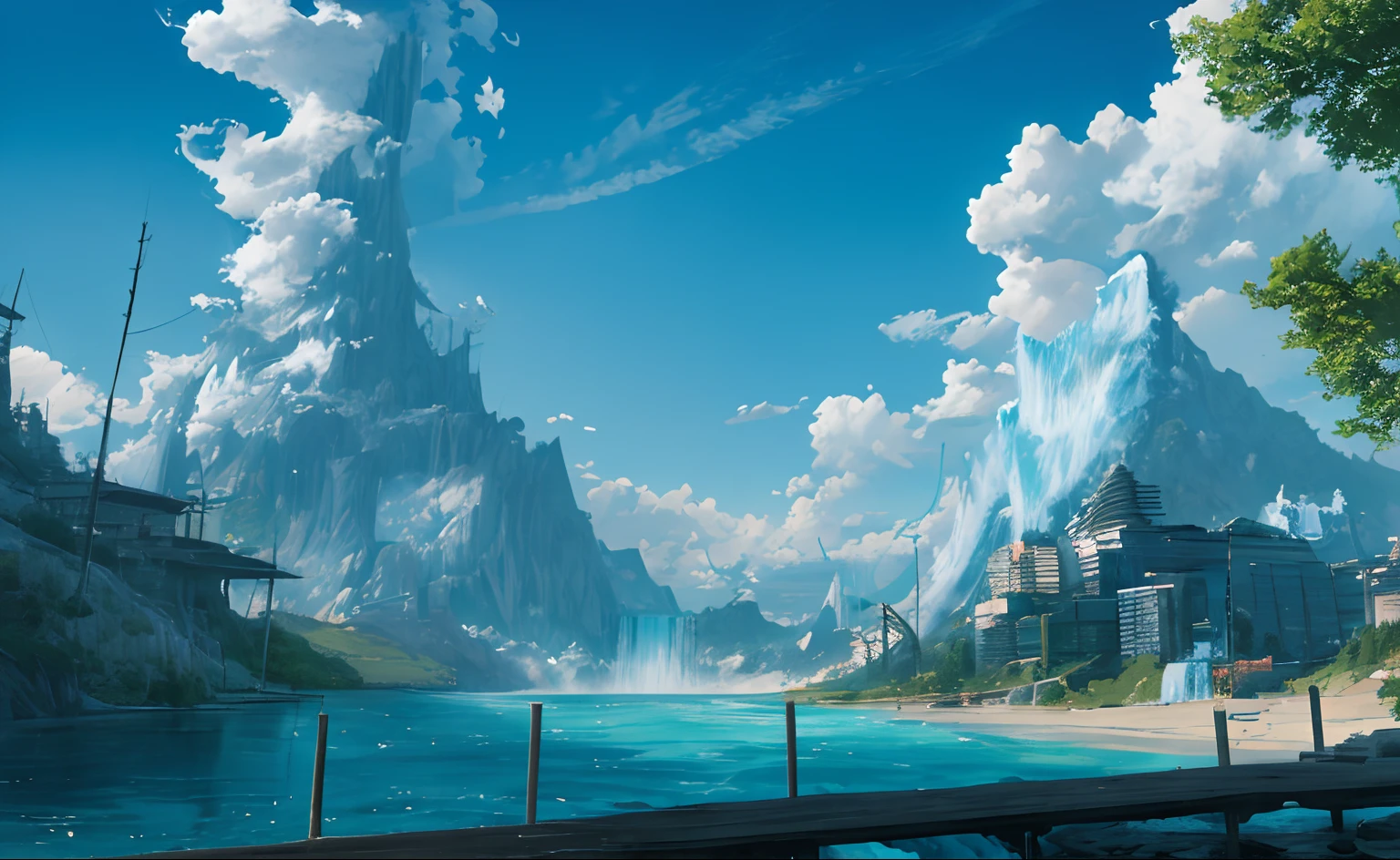 concept art, no humans, landscape, water, sky, sun, trees, clouds, waterfalls, outdoors, buildings, nature, river, blue sky