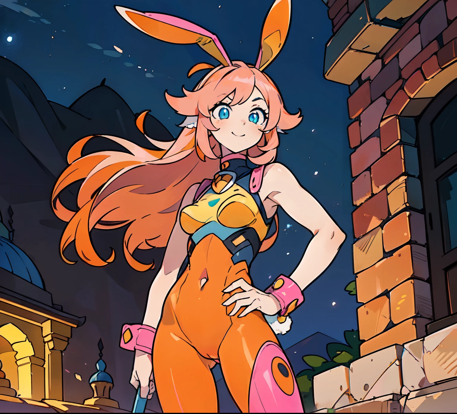 ((Best Quality)), ((Masterpiece)), ((Realistic)) 1woman, cute face, determined look, smile, adult mature female (spiky orange-pink hair, ((orange-pink mullet 1.1)), (mid length hair), blue eyes, (white/yellow pupil,) hero, sleeveless blue spandex bodysuit, long orange-pink (((rabbit ears,))) desert village, tbcc illustration, standing in a villa doorway, night, middle eastern,