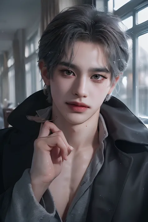 ((8k resolution)),tmasterpiece, topquality, hight resolution, 独奏,open hands,((ulzzang face)),((badboy)),sexy expression,the whole body is visible,((the whole body is it in the frame)),((male)),((coat)),(piercing),((sensuality eyes)),((snow outdoor)),((1 ha...