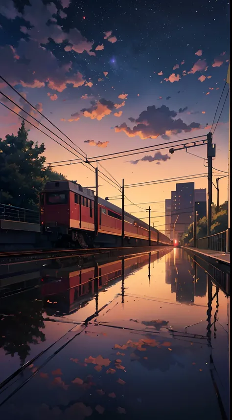 Anime train scene, passing under a pink-purple sky, anime drawing by ...