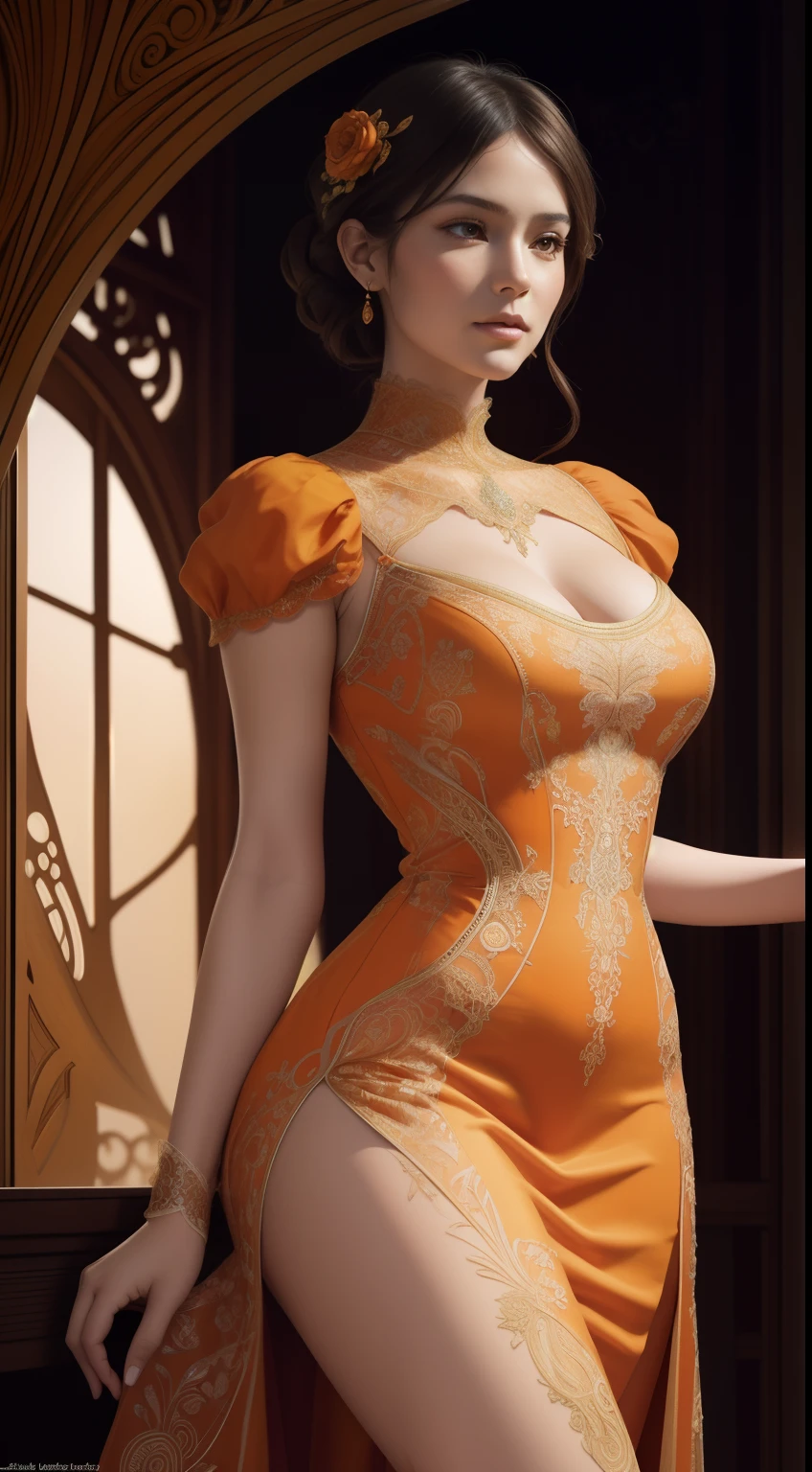 Primer plano de una mujer con medias naranjas a bordo, una representación digital inspirada en Hedi Xandt, tumblr, Art Nouveau, Vestido naranja delicado, vestido elaborado, Vestida con delicado encaje naranja, cuerpo intrincado, vestido de fantasía intrincado, trajes intrincados, vestido de lujo, un vestido intrincado, Intrincado vestido detallado, vestido extravagante, conjunto de encaje intrincado y detallado