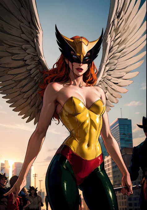 ((master part,best quality)), absurdos,
Hawkgirl_JLU, 
sozinho, sorridente, Olhando para o Viewer, cowboy shot, 
Night sky and city in the background, cinematic  composition, dynamic pose,