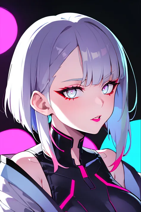 lucy \(cyberpunk\), 1girl, hair scrunchie, hime cut, silver hair, colored tips, full moon, grey eyes, jacket, long sleeves, looking at viewer, medium hair, multicolored hair, parted bangs, parted lips, pink hair, portrait, red eyeliner, red lips, solo, whi...