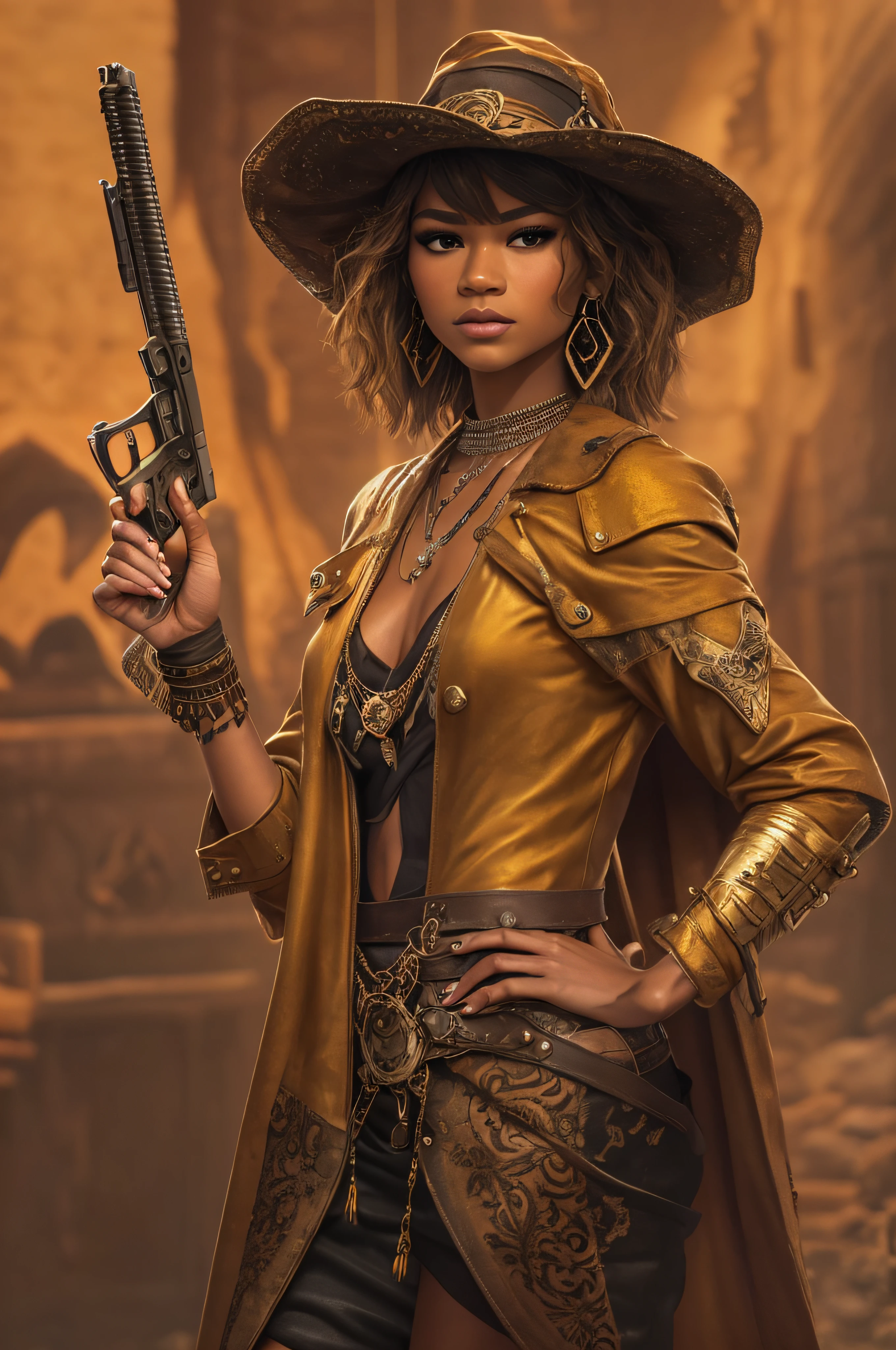 A woman in a hat and leather outfit holding a gun - SeaArt AI