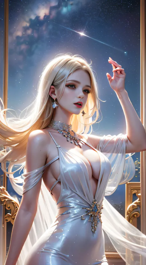 ((Woman Standing On Top Of The Palace)）top-quality、​masterpiece、超A high resolution、Drawing a、beautiful  Girl、starrysky、Milky Way Galaxy、、shooting stars、portlate、bright expression、Young shiny shiny white shiny skin、Best Looks、ultimate beauty girl、The most b...