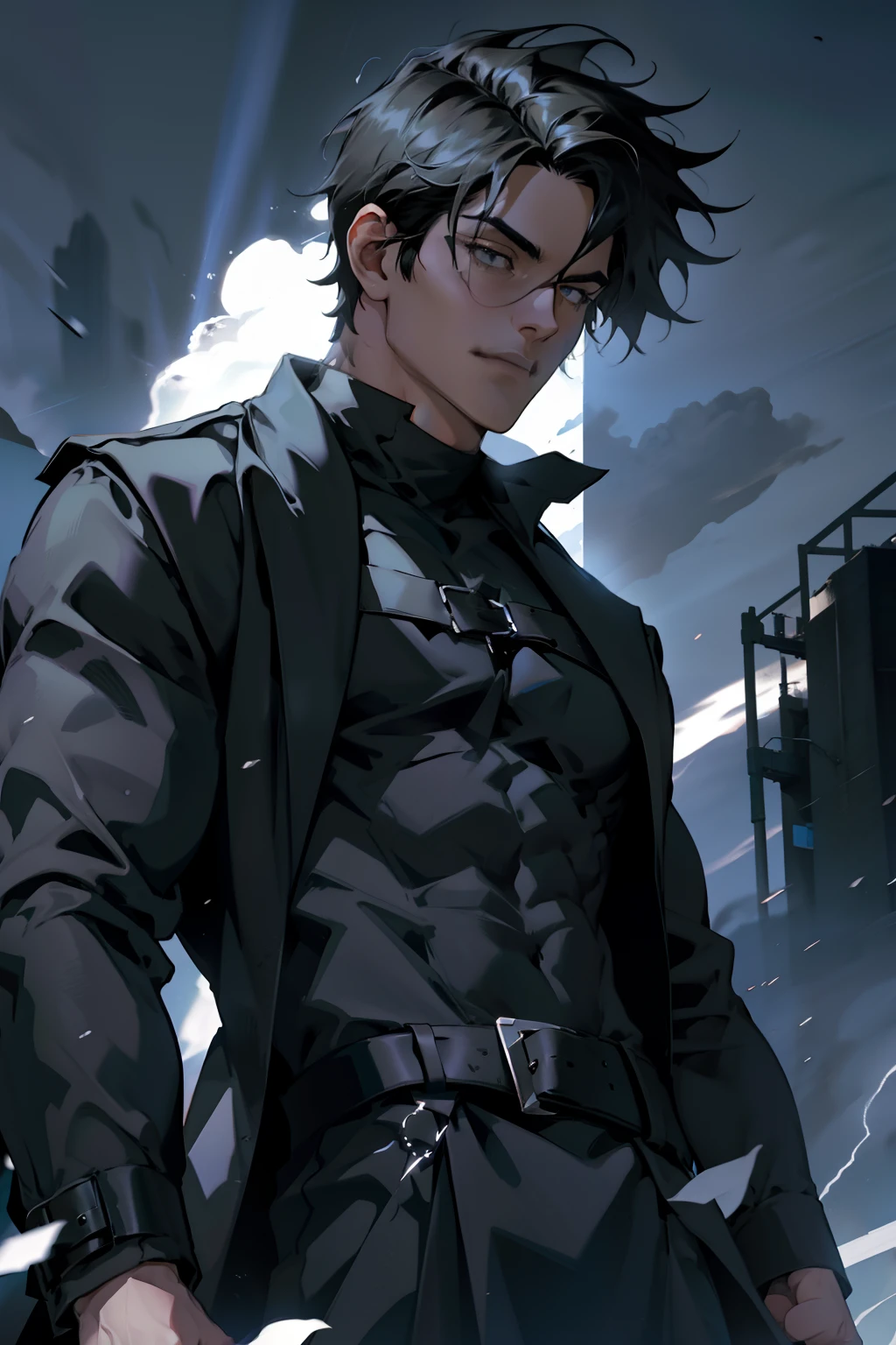 Anime guy with black hair and a black coat holding a knife - SeaArt AI