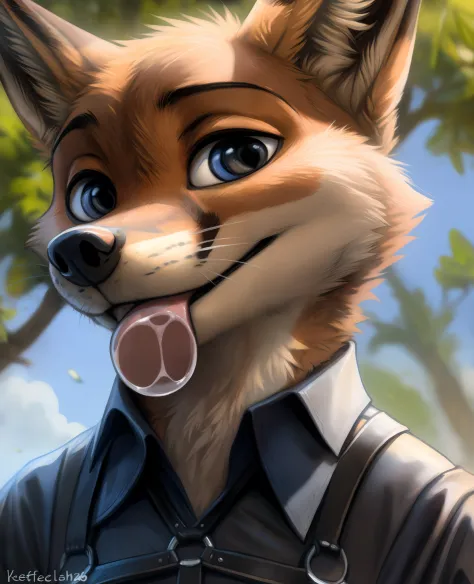 tongue_on_glass, portrait, close up,, by kenket, by totesfleisch8, (by thebigslick, by silverfox5213:0.8), (by syuro:0.2), (duo, side-by-side:1.2), anthro,  canid, fox, nick wilde, ,, zootopia, standing, looking at viewer, leather clothing, harness, (solo