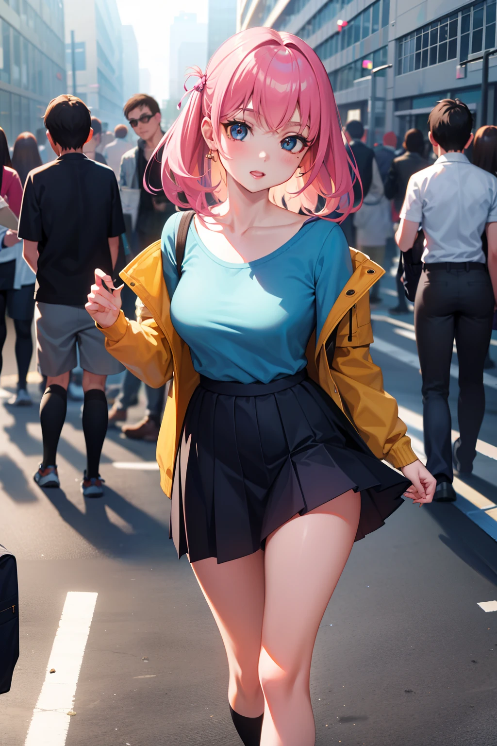 1girll, On campus, Wear everyday clothing，The color should not be too monotonous，Junior，nymphomaniac，Puff breasts， A group of people around,Masterpiece, Best quality, Highly detailed