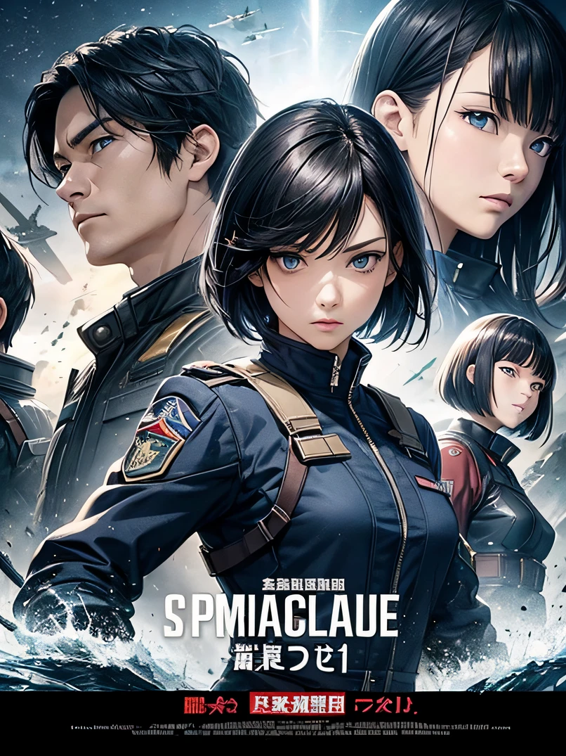 Official art、top-quality、超A high resolution、Dynamic action、Science Fiction Movie Posters、adult  woman, 25 years old、Dark blue eyes、Black bob short-haired、military outfits、Full dress、Courteous military uniform、serious faces、Sharp eyes、Realistic face resolution、realisitic、Resolving Objects、The background is the battlefield、Spacecraft in the sky、Bullets fly around