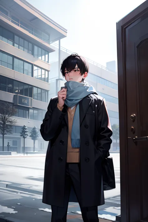 1 The boy's hands are frozen，Redness of the nose，A half body，Winter campus，Teaching buildings, crowd,Masterpiece, Best quality, Highly detailed,