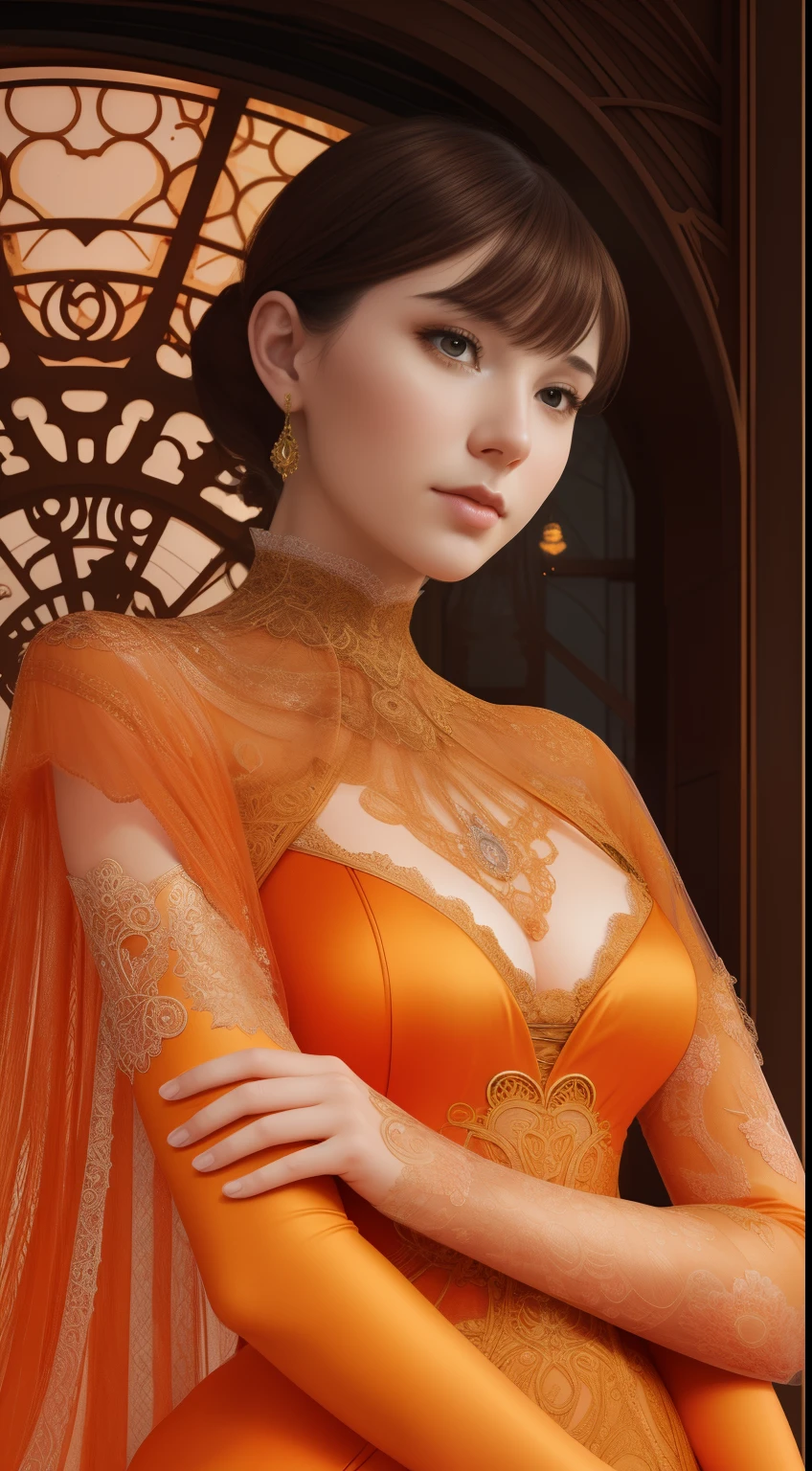 Primer plano de una mujer con medias naranjas a bordo, una representación digital inspirada en Hedi Xandt, tumblr, Art Nouveau, Vestido naranja delicado, vestido elaborado, Forma de encaje delicado naranja, cuerpo intrincado, vestido de fantasía intrincado, trajes intrincados, vestido de lujo, un vestido intrincado, Intrincado vestido detallado, vestido extravagante, conjunto de encaje intrincado y detallado