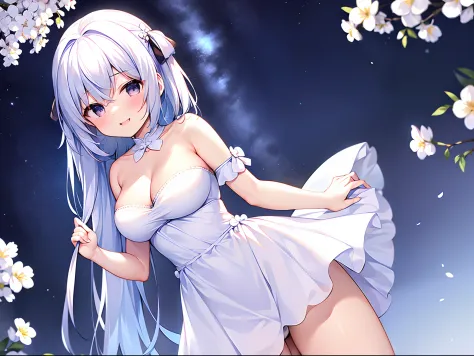 1girl in,Bare shoulders ,耳Nipple Ring,,Pedras preciosas ,cleavage of the breast, White and blue dress、white blossoms ,Longer dress,white panty、A charming smile、Black eyes、Light blue hair、Long