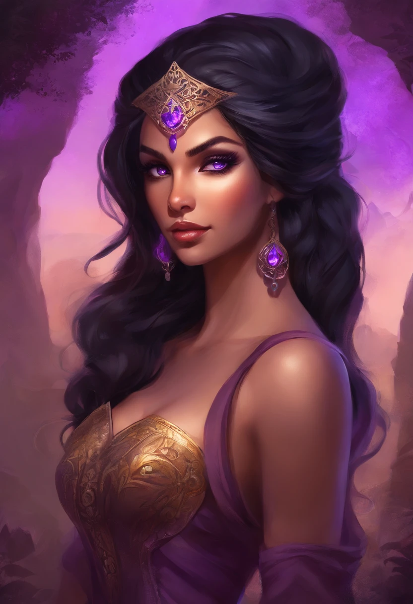 pinup, beautiful woman, half-elf, (((black hair))), (((purple eyes))), violet eyes, ((light brown skin)), long hair, dark gothic makeup, (thicc), (enormous breasts), small pointy ears, (Persian), Arab, fantasy vista background