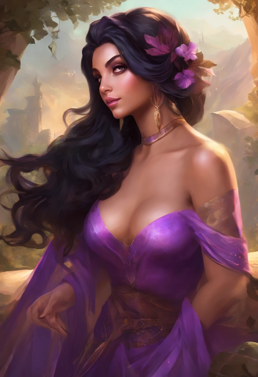 pinup, beautiful woman, half-elf, (((black hair))), (((purple eyes