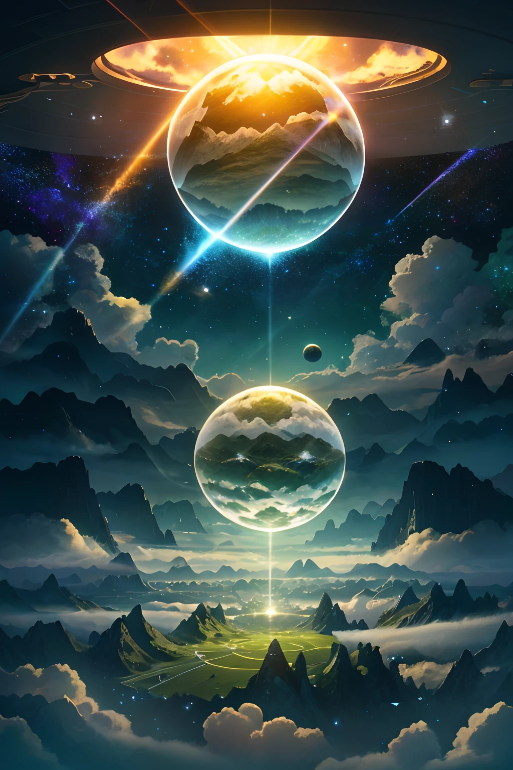 A giant mirror sphere floating in space, flickering lights, sad hamster lost (heaven like green fields surrounded by high mountains and clouds:1.3), particles in the air, god rays, stars in the background, intricate fractals, detailed, (illustration), masterpiece, high resolution, best quality.