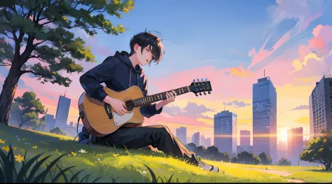 boy playing guitar, 20 years old,90s anime style, sky,grass, city, Beautyful evening