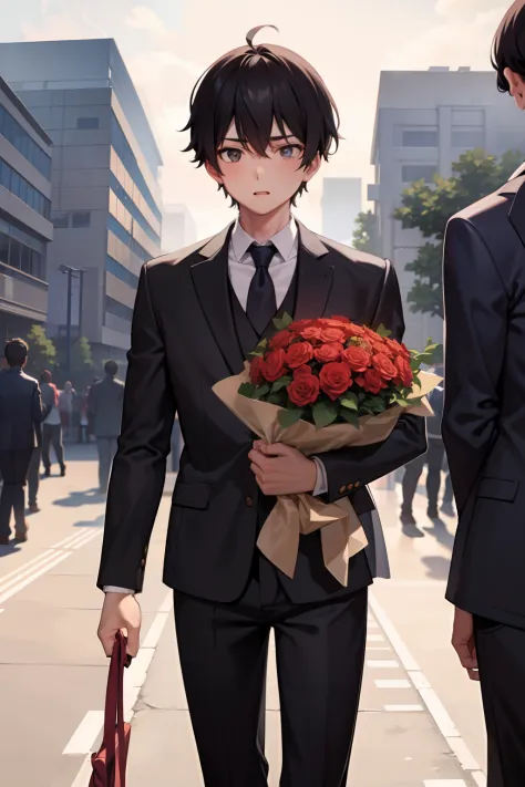 One boy，The boy holds a bouquet of roses in his hand，On campus，Have temperament