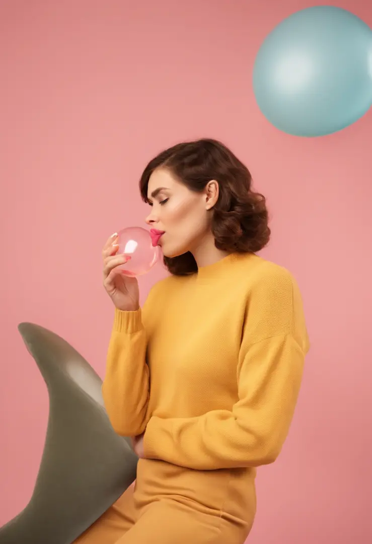 A hyperealistic photograph smiling young woman blowing bubble gum up in high heels and yellow sweater against pink background, in the style of patricia piccinini, minimalist backgrounds, flickr, loretta lux, noise photography, emotive faces, daniela uhlig,...