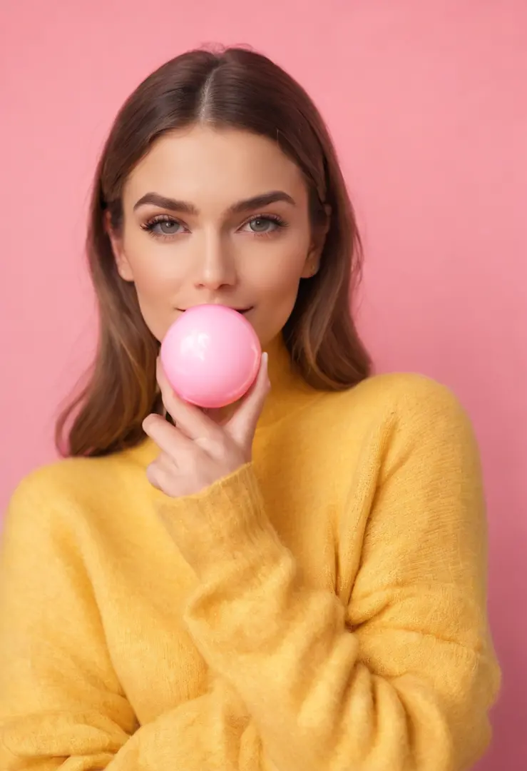 A hyped realistic photo of smiling young woman blowing bubblegum on pink background of high heels and yellow sweater, In the style of Patricia Piccini, minimalistbackground, Flickr, loreta lux, Noise photography, emotive faces, Daniela Ullig, ultra hd phot...