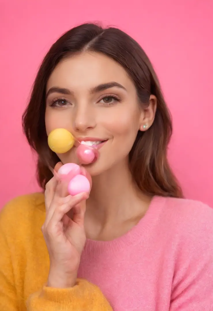 A hyped realistic photo of smiling young woman blowing bubblegum on pink background of high heels and yellow sweater, In the style of Patricia Piccini, minimalistbackground, Flickr, loreta lux, Noise photography, emotive faces, Daniela Ullig, ultra hd phot...