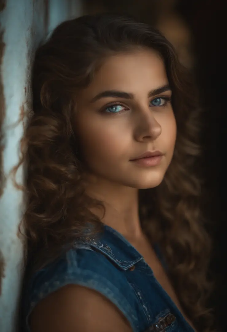 Menina de 14 anos, russa, cabelos loiros, olhos vividos, olhos azuis, cabelos muito curto, rosto lindo, seios grandes, usando lingerie,  Backlighting by Janek