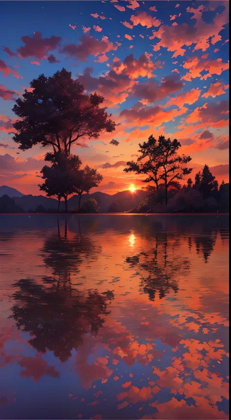 there is a beautiful sunset with a lake and trees in the background, colorful skies, surreal colors, colorful sunset, colorful s...