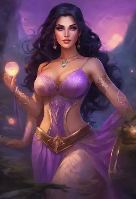 pinup, beautiful woman, half-elf, (((black hair))), (((purple eyes