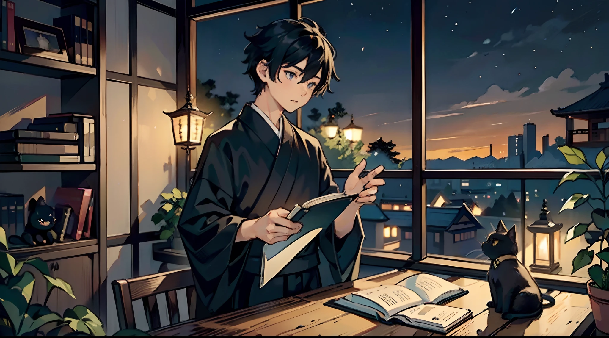 #Quality (intricate-detail、ultra-detailliert:1.2,cinematic shot),
#night landscape (night sky, darkness),
#one writing boy (16 male、writer,Honor Students、A dark-haired、short-hair、hakama,sit flat),
#dark room (only one candle,books on desk,pretty tatami,a lot of books,bookshelf,black cat)