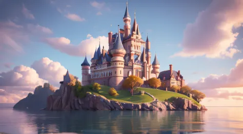 cartoon castle on the island, concept-art, 。.3d, cute detailed digital art, cute 3d render, clean backdrop, fine shine, dreamlik...