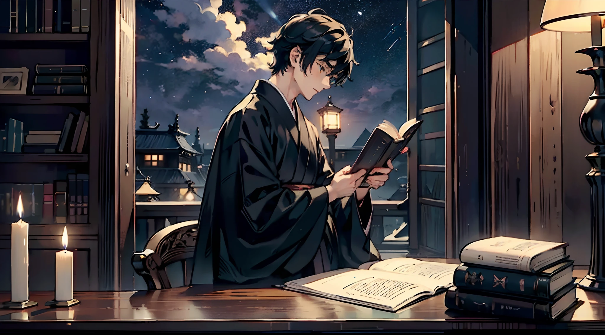 #Quality (intricate-detail、ultra-detailliert:1.2,cinematic shot), #midnight (deep blue night sky, darkness), #one writing boy (16 male、writer,Honor Students、A dark-haired、short-hair、hakama,sit flat), #dark room (only one candle,books on desk,pretty tatami,a lot of books,bookshelf,black cat)