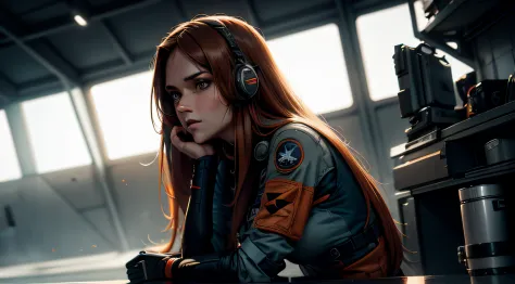 woman in rebel pilot suit in hangar,very long hair, RAW photo, 8k uhd, dslr, soft lighting, high quality, film grain, Fujifilm X...