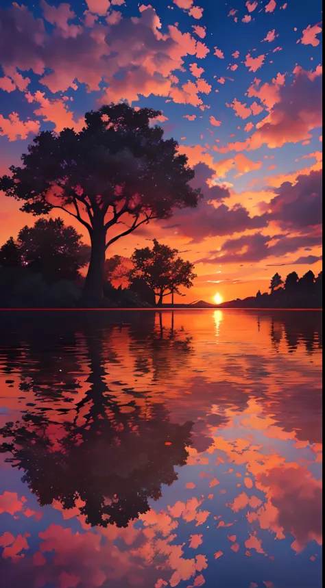 there is a beautiful sunset with a lake and trees in the background, colorful skies, surreal colors, colorful sunset, colorful s...