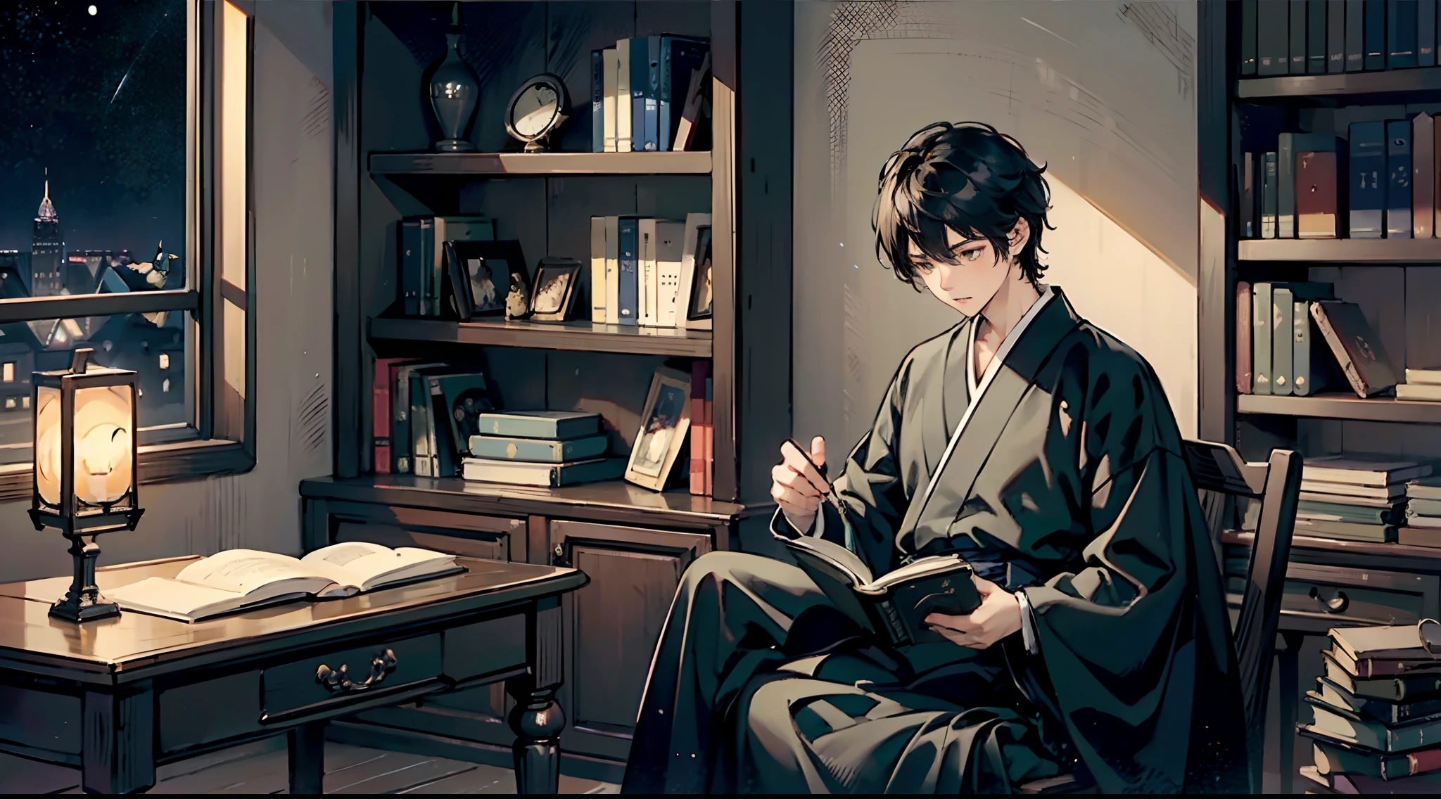 #Quality (intricate-detail、ultra-detailliert:1.2,cinematic shot), #midnight (deep blue night sky, darkness), #one writing boy (16 male、writer,Honor Students、A dark-haired、short-hair、hakama,sit flat), #dark room (only one candle,books on desk,pretty tatami,a lot of books,bookshelf,black cat)