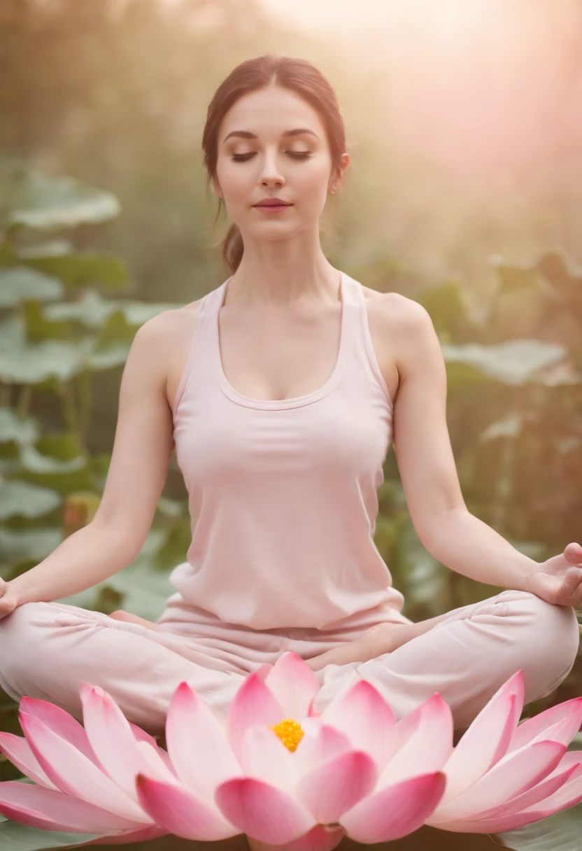 Woman meditating in lotus position in lotus position with sun shining  behind her - SeaArt AI