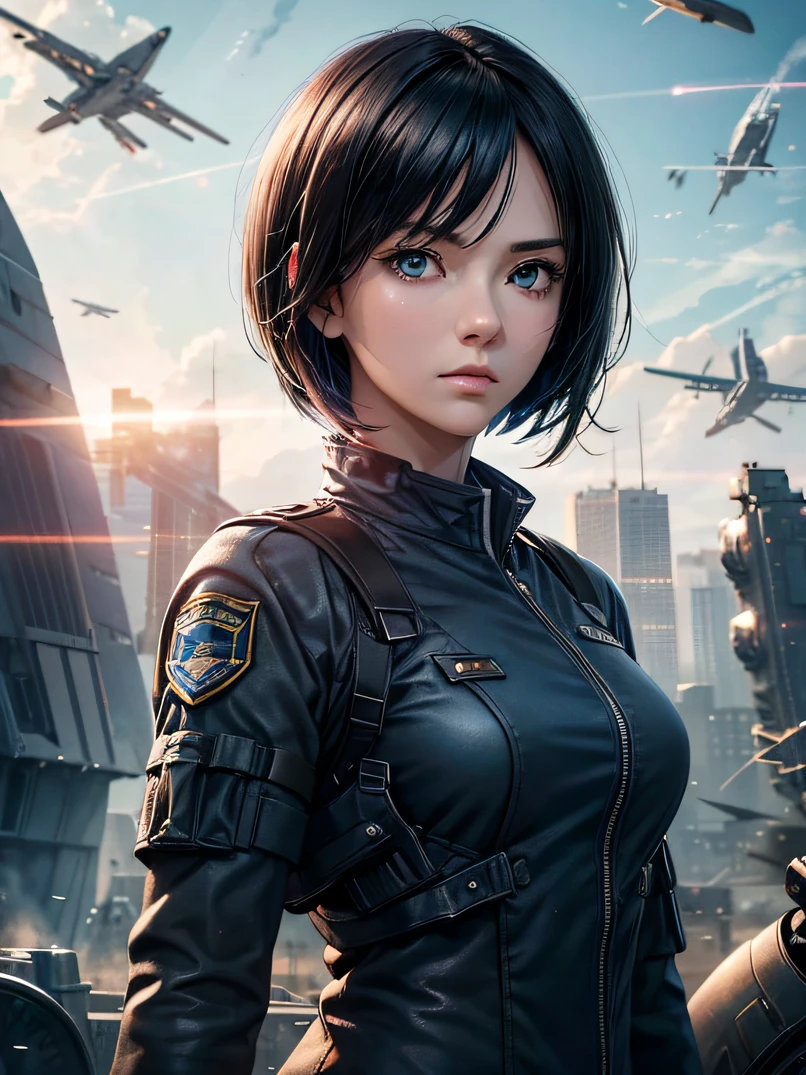 top-quality、超A high resolution、a science fiction film、adult  woman, 25 years old、Dark blue eyes、Black bob short-haired、Air Force uniform、serious faces、Sharp eyes、Realistic face resolution、realisitic、Resolving Objects、The background is the battlefield、Spacecraft in the sky、Bullets fly around、Dynamic action