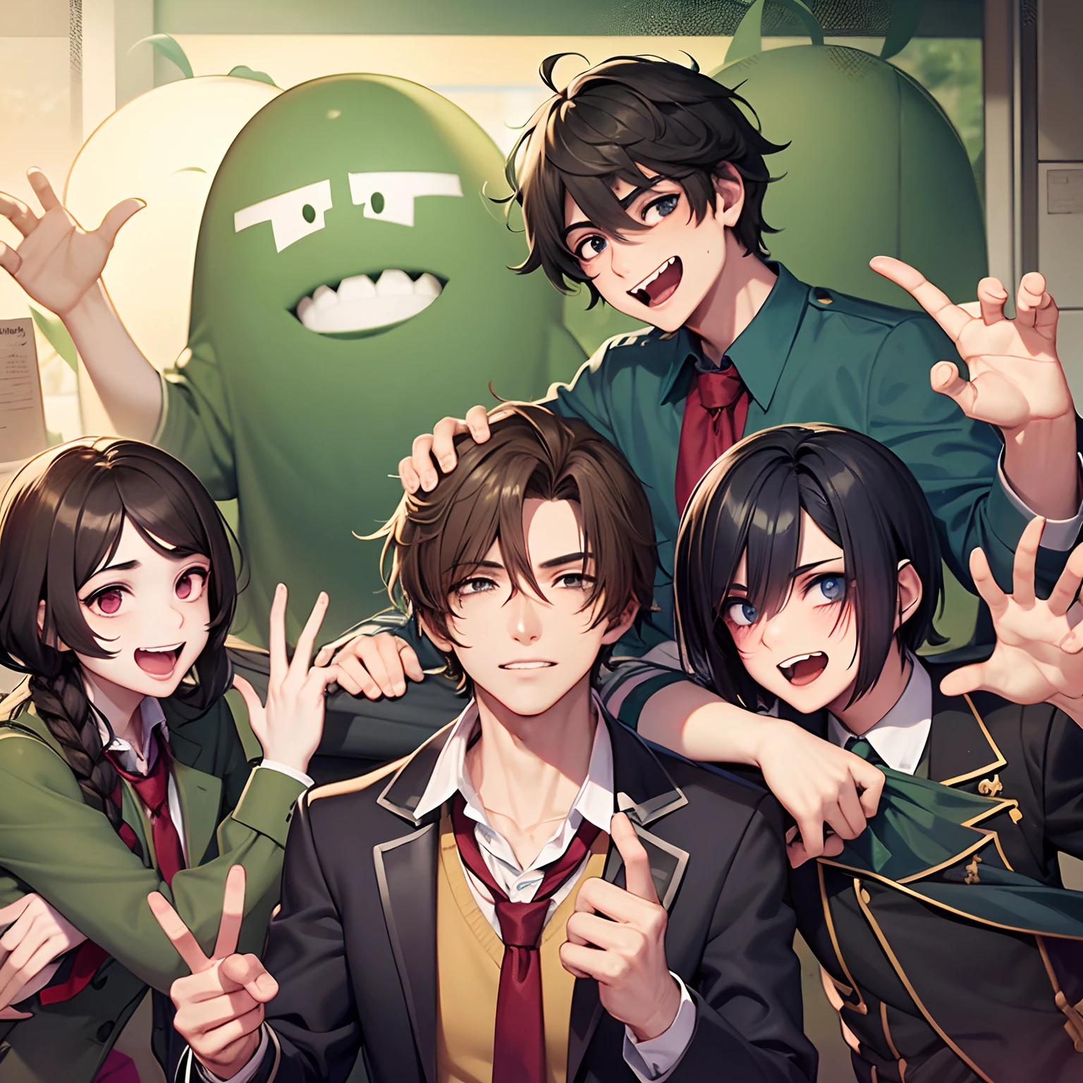 Anime characters posing for a picture with a green monster in the  background - SeaArt AI