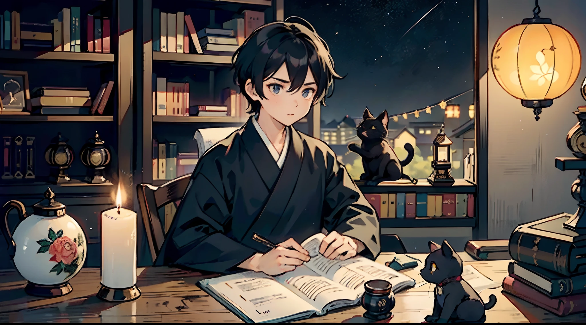 #Quality (intricate-detail、ultra-detailliert:1.2,cinematic shot), #night landscape (navy color sky, darkness), #one writing boy (16 male、writer,Honor Students、A dark-haired、short-hair、hakama,sit flat), #black room (only one candle,books on desk,pretty tatami,a lot of books,bookshelf,black cat)