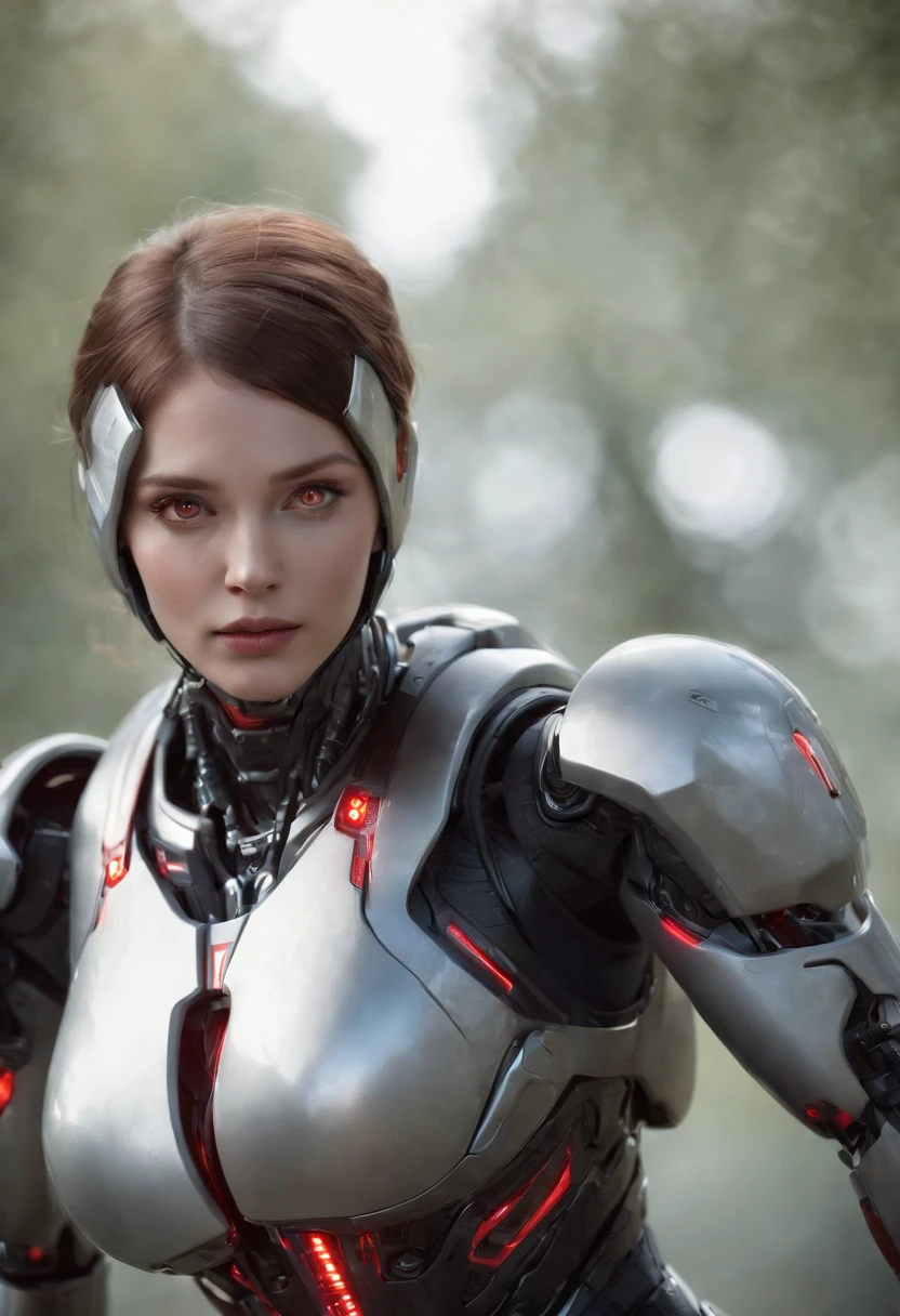 lizzyC1, ((best quality)), ((masterpiece)), (detailed), Midjourney Style, close-up, woman, robot, red eyes, concept art, inspired by Marek Okon, digital art, Crysis Nanosuit, futuristic, (glowing elements:1.1), 4:3 aspect ratio, dynamic duo