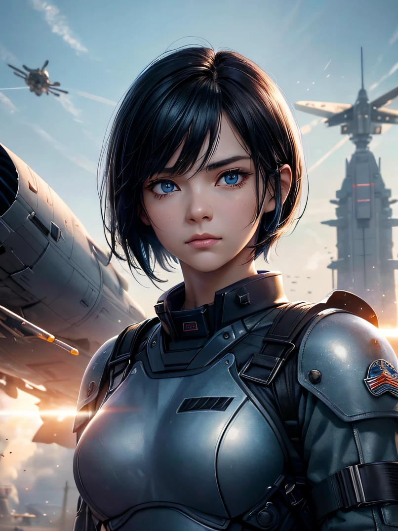 top-quality、超A high resolution、a science fiction film、adult  woman, 25 years old、Dark blue eyes、Black bob short-haired、Air Force uniform、serious faces、Sharp eyes、Realistic face resolution、realisitic、Resolving Objects、The background is the battlefield、Spacecraft in the sky、Bullets fly around、Dynamic action