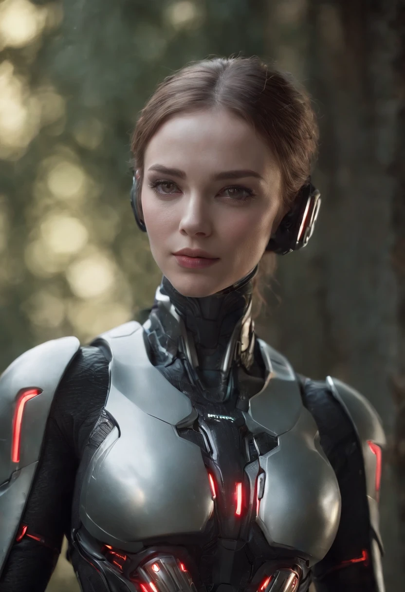 lizzyC1, ((best quality)), ((masterpiece)), (detailed), Midjourney Style, close-up, woman, robot, red eyes, concept art, inspired by Marek Okon, digital art, Crysis Nanosuit, futuristic, (glowing elements:1.1), 4:3 aspect ratio, dynamic duo，upper body